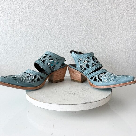 Blue and Brown Ankle Boots with Western Design - Picture 8 of 13